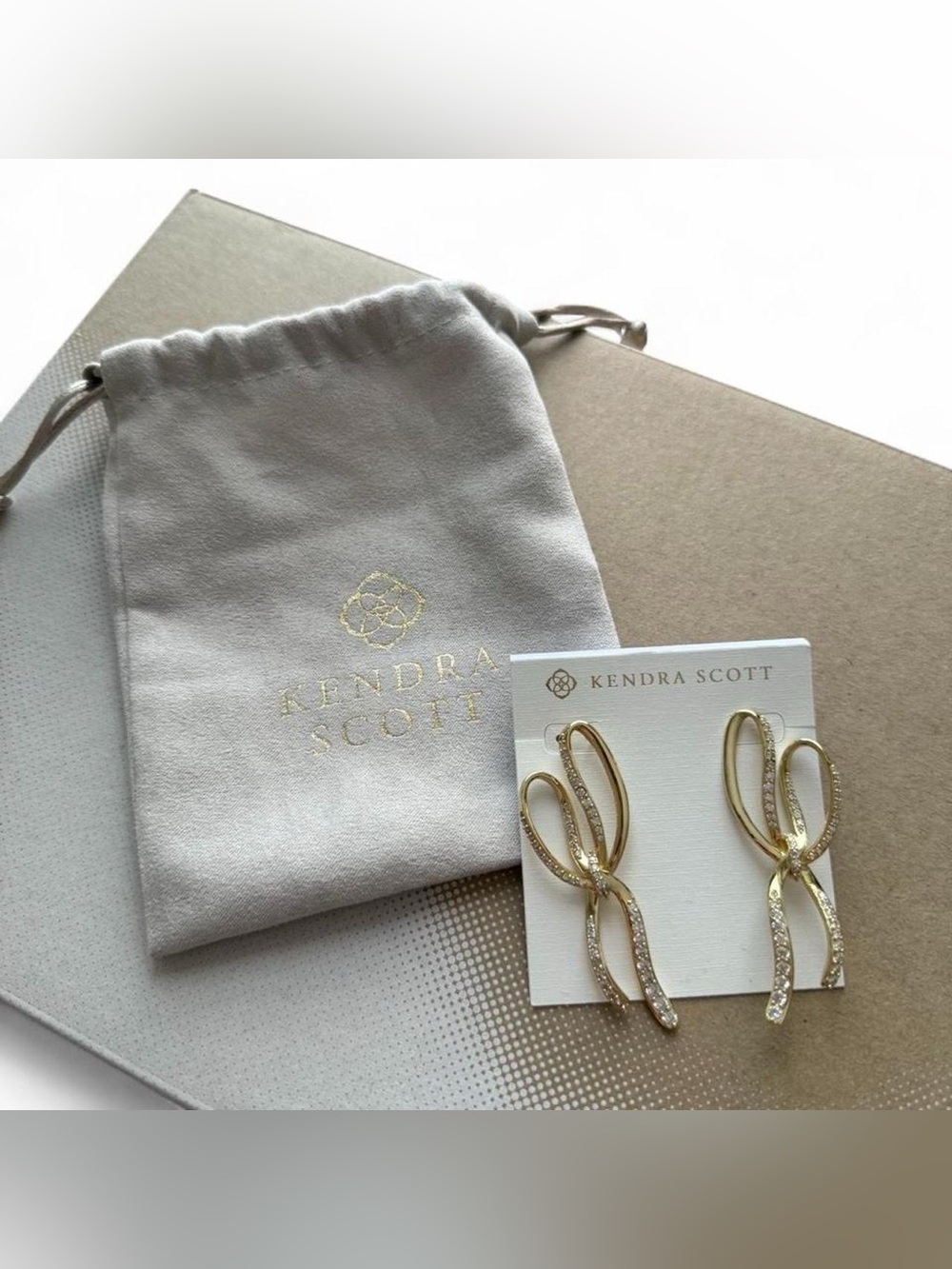 Kendra Scott Women Gold Cubic Zirconia Gemstone Large Bow Earrings with Dust Bag